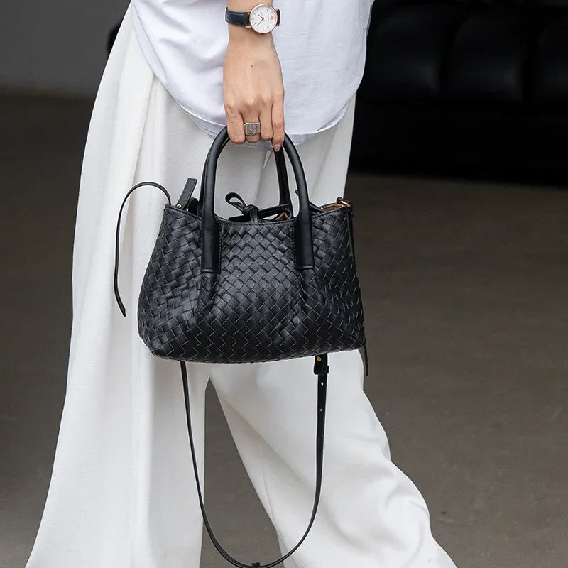 Handwoven Lambskin Leather Shoulder Bag for Women | Luxury Designer Handbag with Top Handles & Crossbody Strap