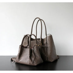 Handwoven Lambskin Leather Tote Bag | Woven Shoulder Bag for Women | Luxury Designer Handbag with Top Handles & Crossbody Strap