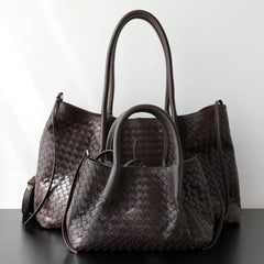 Handwoven Lambskin Leather Tote Bag | Woven Shoulder Bag for Women | Luxury Designer Handbag with Top Handles & Crossbody Strap