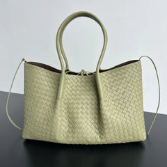 Handwoven Lambskin Leather Tote Bag | Woven Shoulder Bag for Women | Luxury Designer Handbag with Top Handles & Crossbody Strap