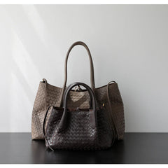 Handwoven Lambskin Leather Tote Bag | Woven Shoulder Bag for Women | Luxury Designer Handbag with Top Handles & Crossbody Strap