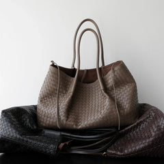 Handwoven Lambskin Leather Tote Bag | Woven Shoulder Bag for Women | Luxury Designer Handbag with Top Handles & Crossbody Strap