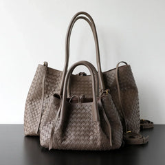 Handwoven Lambskin Leather Tote Bag | Woven Shoulder Bag for Women | Luxury Designer Handbag with Top Handles & Crossbody Strap