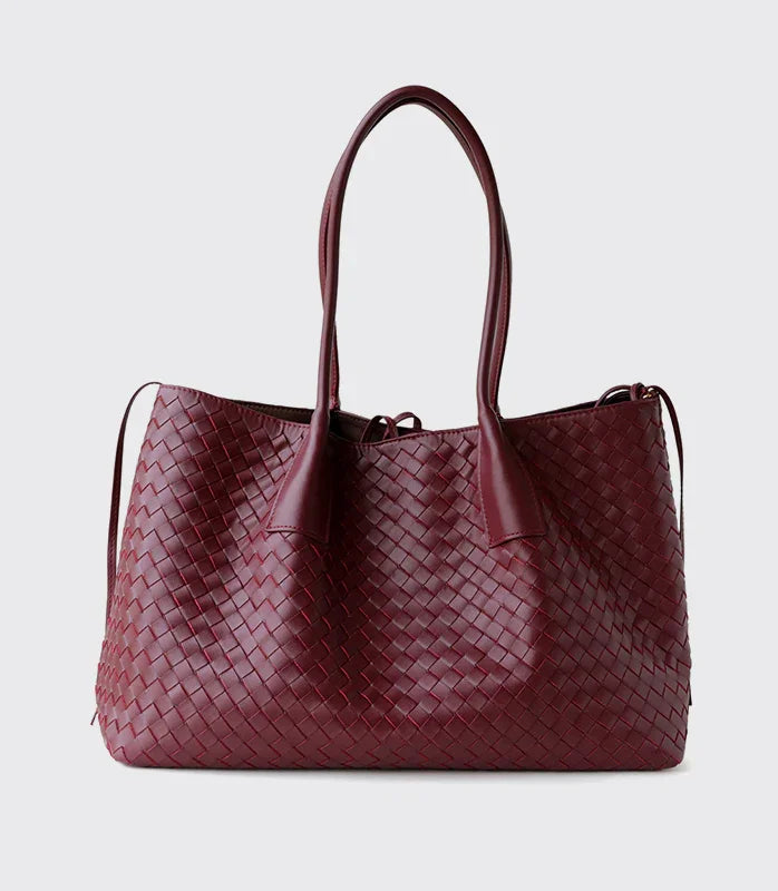 Handwoven Lambskin Leather Brown Tote Bag | Woven Soft Leather Handbag for Women | Luxury Designer Handbag with Top Handles & Crossbody Strap