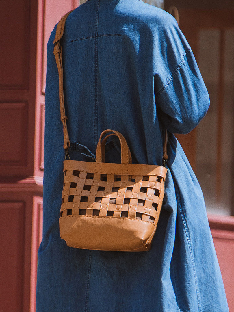 Handwoven Leather Checkerboard Tote Bag | Full Grain Cowhide Basket Crossbody