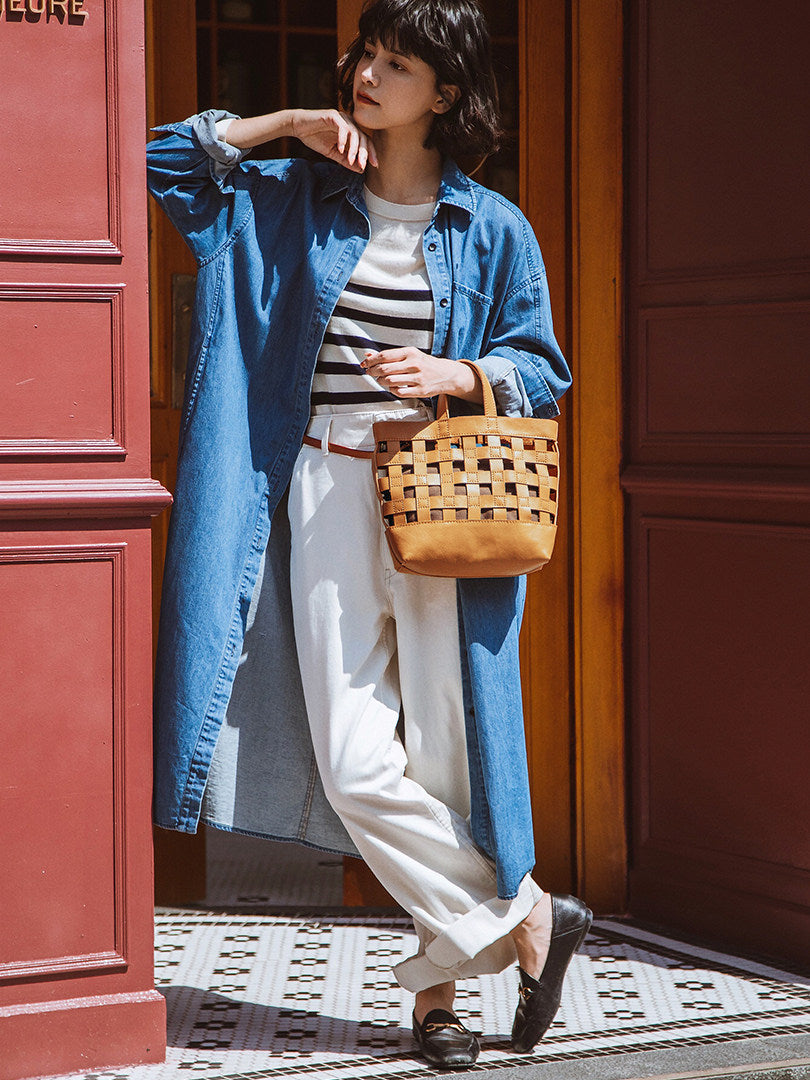 Handwoven Leather Checkerboard Tote Bag | Full Grain Cowhide Basket Crossbody