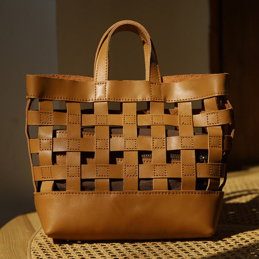 Handwoven Leather Checkerboard Tote Bag | Full Grain Cowhide Basket Crossbody
