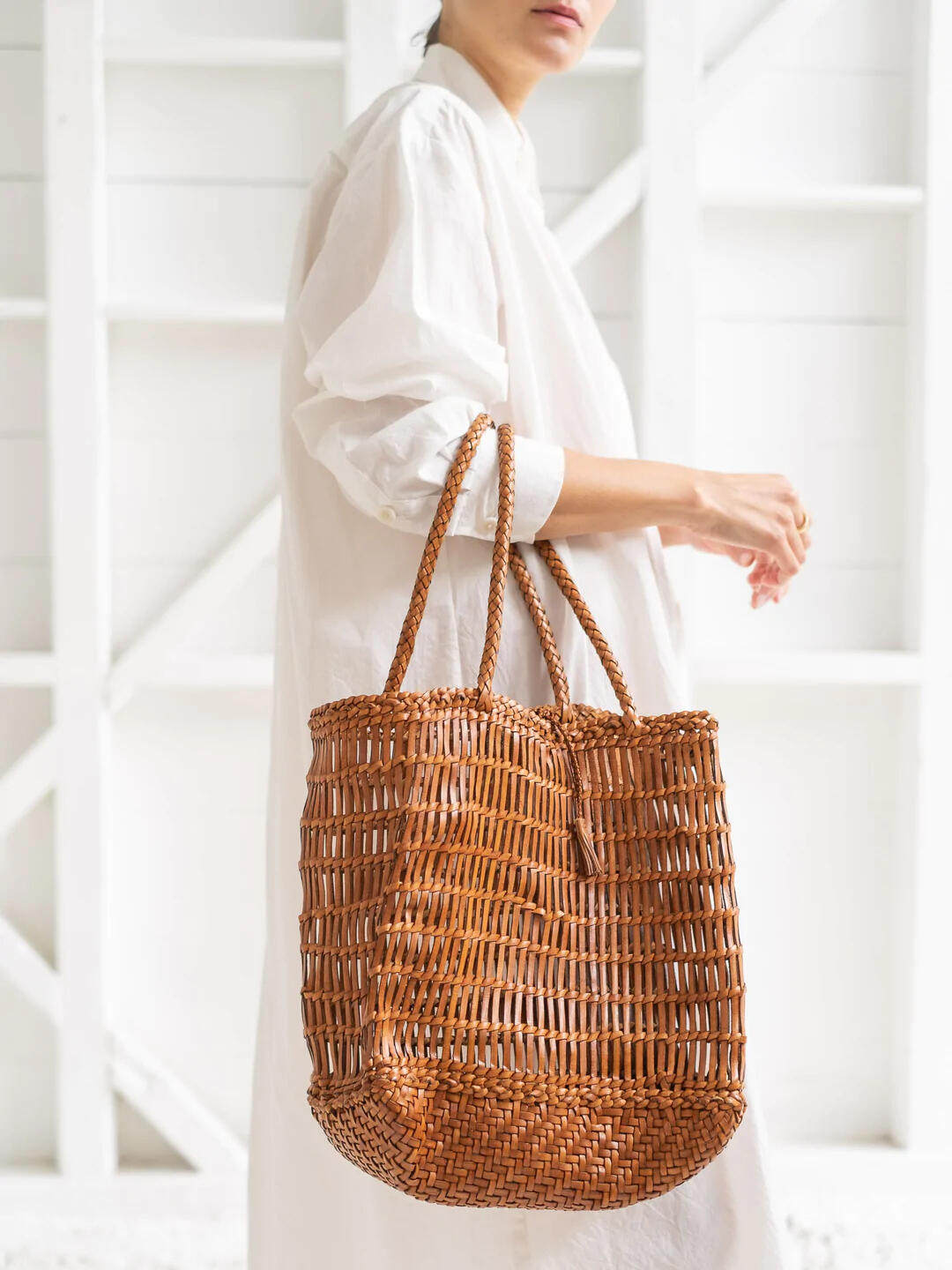 Handwoven Leather Tote Bag | Full Grain Cowhide Open Weave Shoulder Bag | Large Basket Tote | Boho Leather Handbag