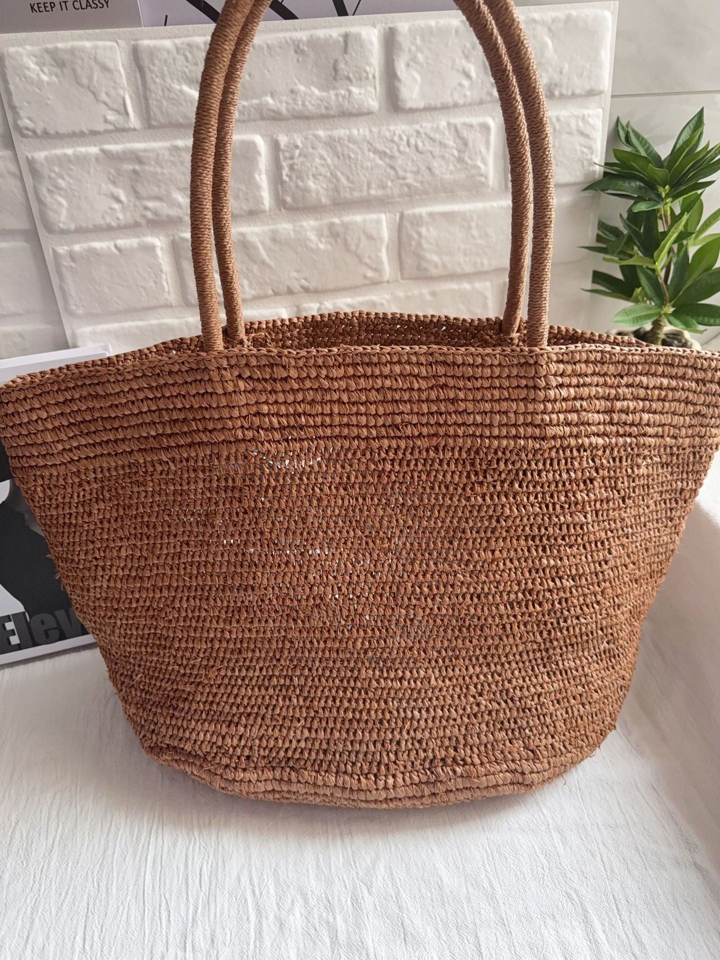 Handwoven raffia tote bag front view natural – women's large straw vacation beach bag Alexel Crafts