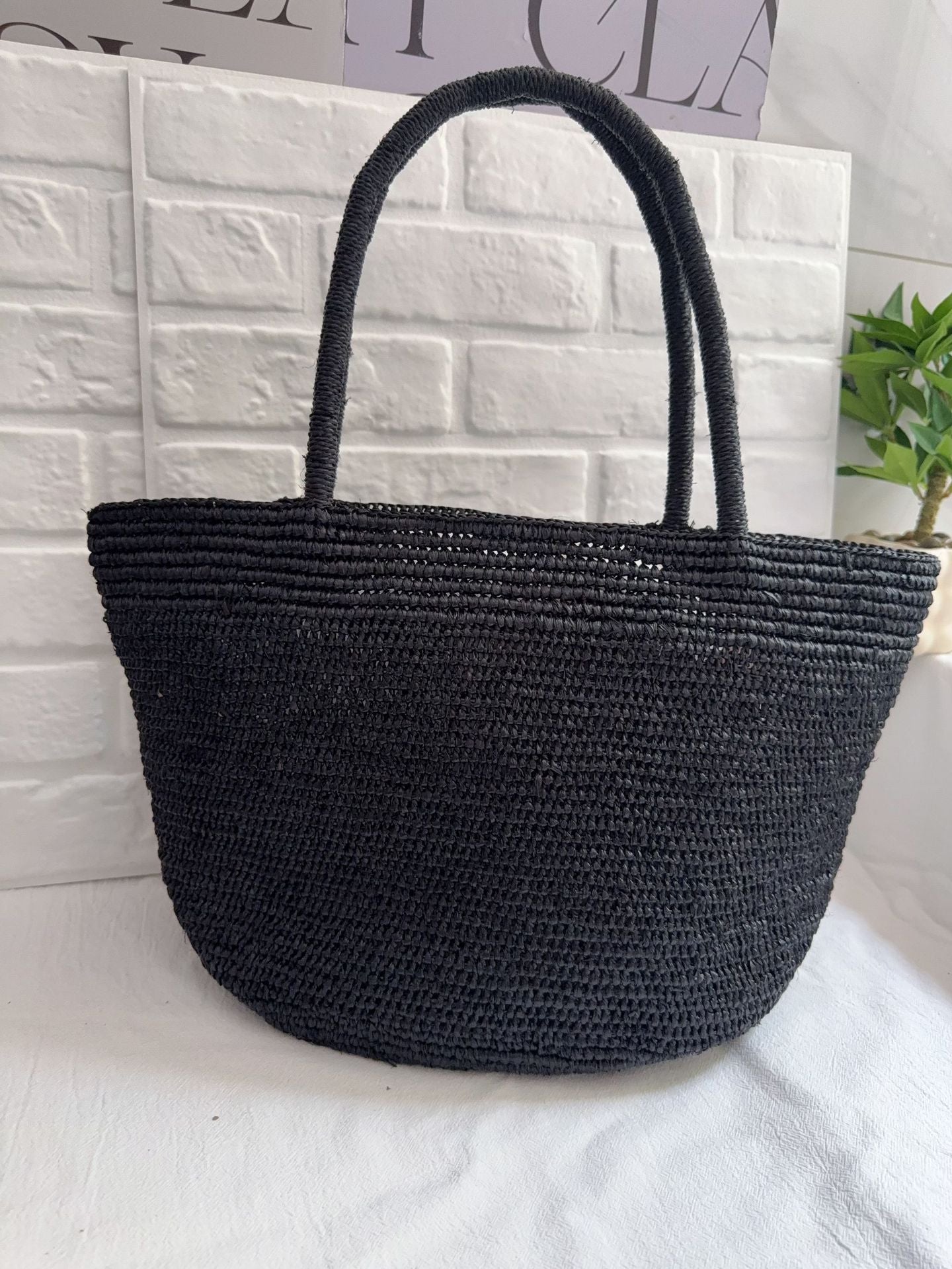 Natural raffia straw tote bag fine weave variant – tighter woven texture handmade beach bag