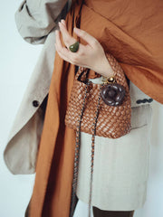 Handwoven Vegan Leather Mini Bucket Bag, Leather Basket Handbag + Crossbody Chain (20+ Colours)