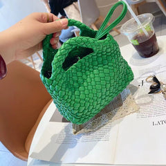 Handwoven Vegan Leather Mini Bucket Bag, Leather Basket Handbag + Crossbody Chain (20+ Colours)