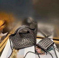 Handwoven Vegan Leather Mini Bucket Bag, Leather Basket Handbag + Crossbody Chain (20+ Colours)