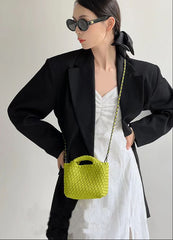 Handwoven Vegan Leather Mini Bucket Bag, Leather Basket Handbag + Crossbody Chain (20+ Colours)