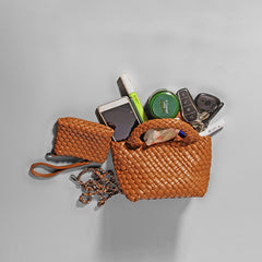 Handwoven Vegan Leather Mini Bucket Bag, Leather Basket Handbag + Crossbody Chain (20+ Colours)