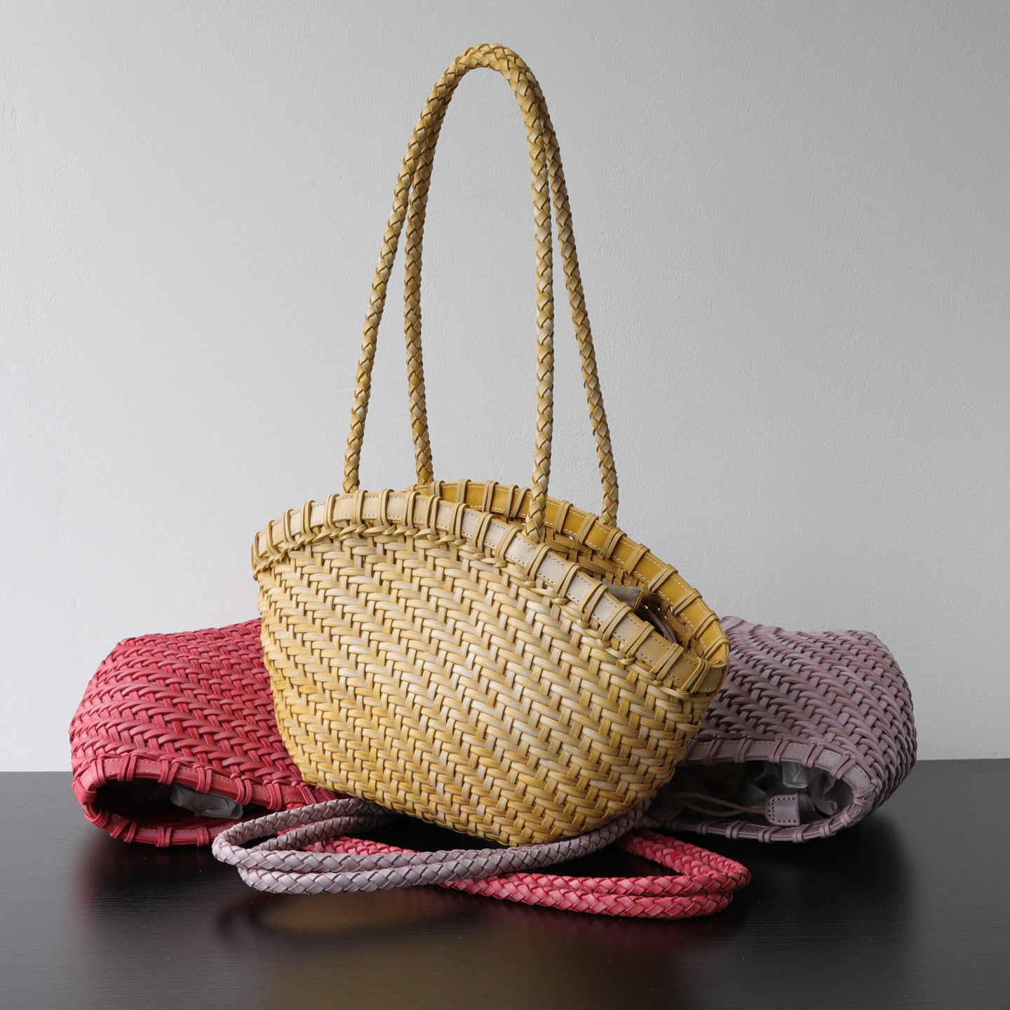 Handwoven Vegetable-Tanned Leather Basket Bag for Women｜Full Grain Cowhide Woven Tote with Braided Handle & Drawstring Liner | Spring Summer Shoulder Bag