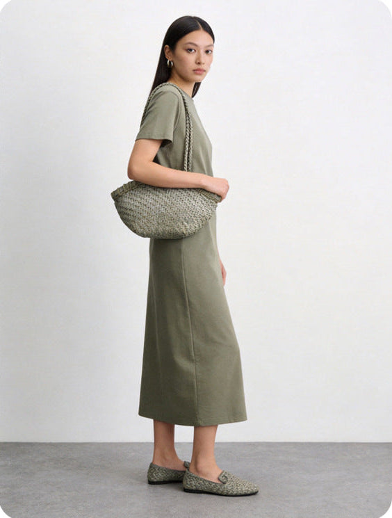Handwoven Vegetable-Tanned Leather Basket Bag for Women｜Full Grain Cowhide Woven Tote with Braided Handle & Drawstring Liner | Spring Summer Shoulder Bag