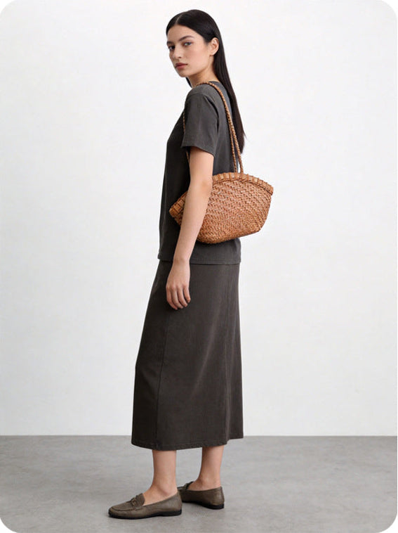 Handwoven Vegetable-Tanned Leather Basket Bag for Women｜Full Grain Cowhide Woven Tote with Braided Handle & Drawstring Liner | Spring Summer Shoulder Bag