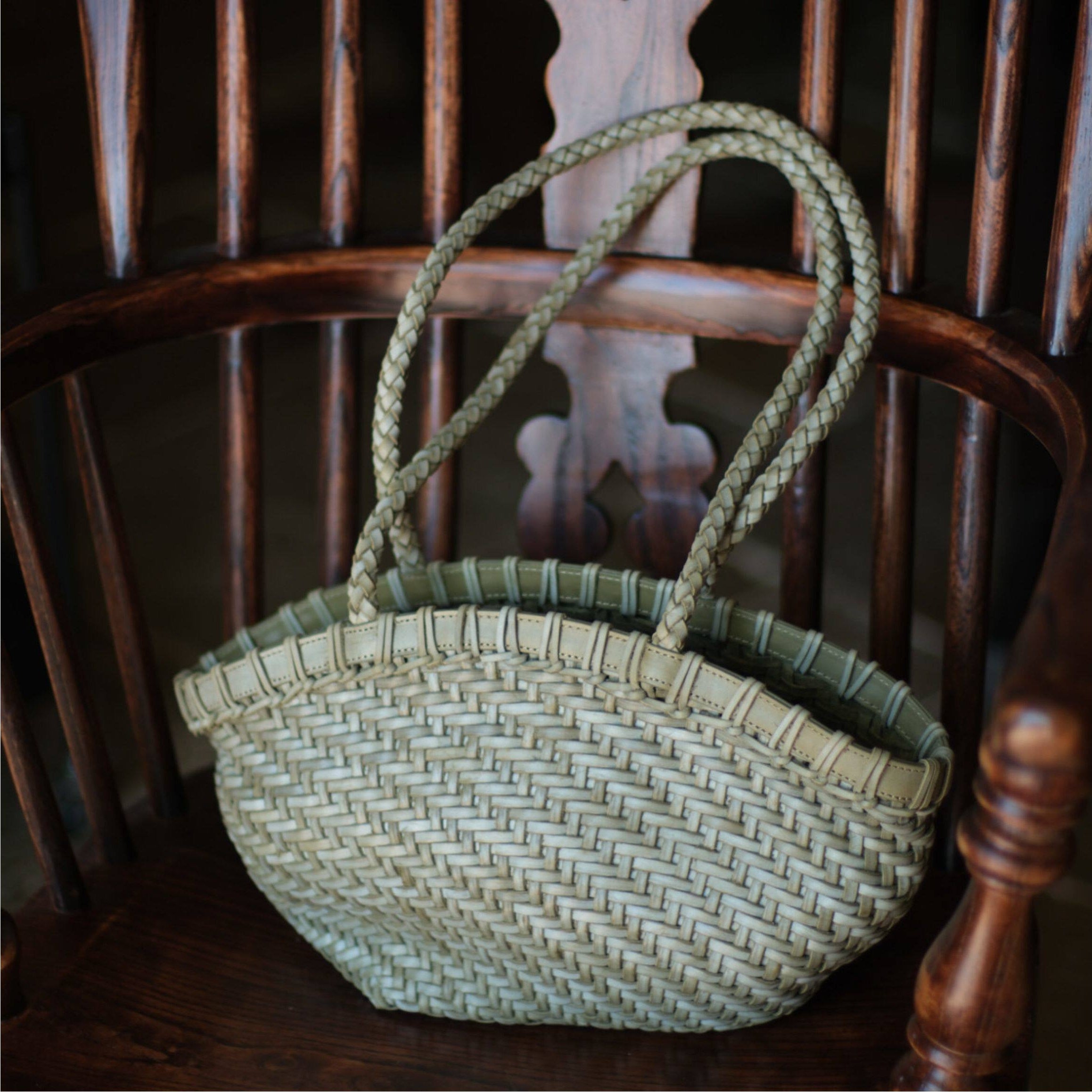 Handwoven Vegetable-Tanned Leather Basket Bag for Women｜Full Grain Cowhide Woven Tote with Braided Handle & Drawstring Liner | Spring Summer Shoulder Bag