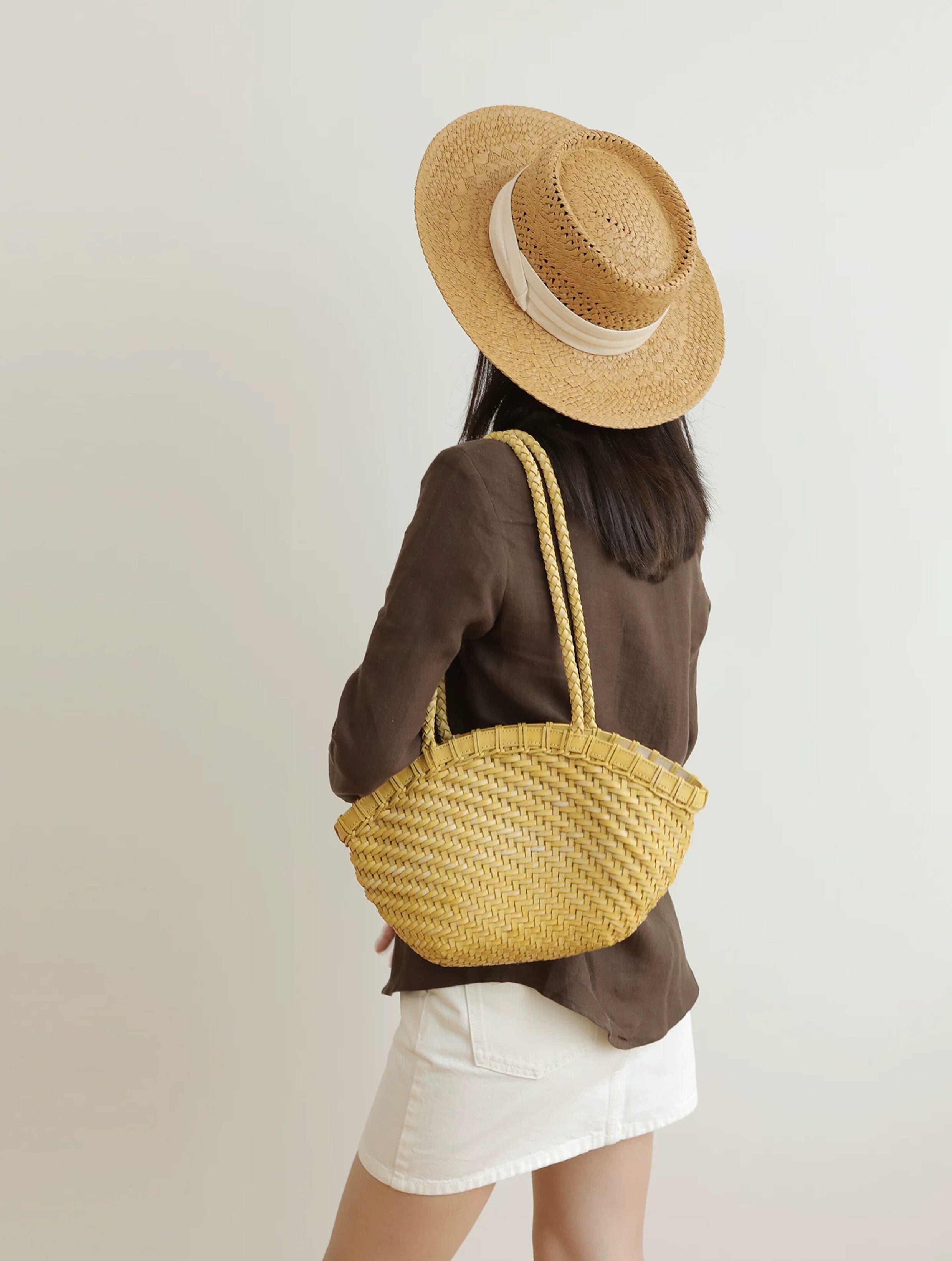 Handwoven Vegetable-Tanned Leather Basket Bag for Women｜Full Grain Cowhide Woven Tote with Braided Handle & Drawstring Liner | Spring Summer Shoulder Bag
