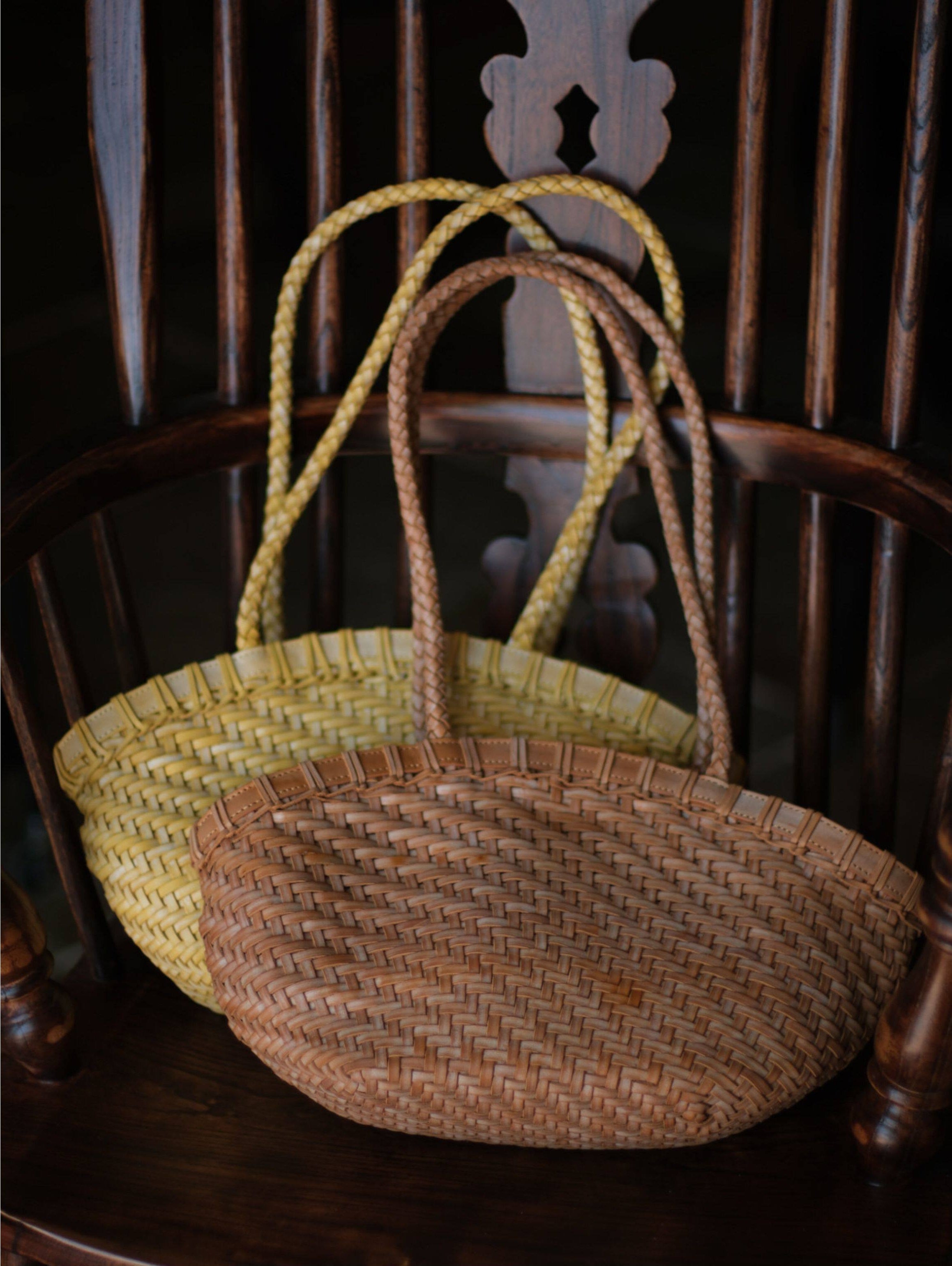Handwoven Vegetable-Tanned Leather Basket Bag for Women｜Full Grain Cowhide Woven Tote with Braided Handle & Drawstring Liner | Spring Summer Shoulder Bag