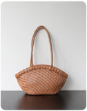 Handwoven Vegetable-Tanned Leather Basket Bag for Women｜Full Grain Cowhide Woven Tote with Braided Handle & Drawstring Liner | Spring Summer Shoulder Bag