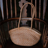 Handwoven Vegetable-Tanned Leather Basket Bag for Women｜Full Grain Cowhide Woven Tote with Braided Handle & Drawstring Liner | Spring Summer Shoulder Bag