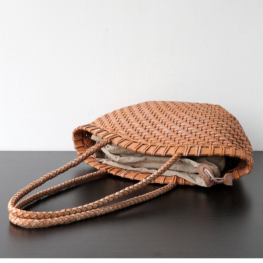 Handwoven Vegetable-Tanned Leather Basket Bag for Women｜Full Grain Cowhide Woven Tote with Braided Handle & Drawstring Liner | Spring Summer Shoulder Bag
