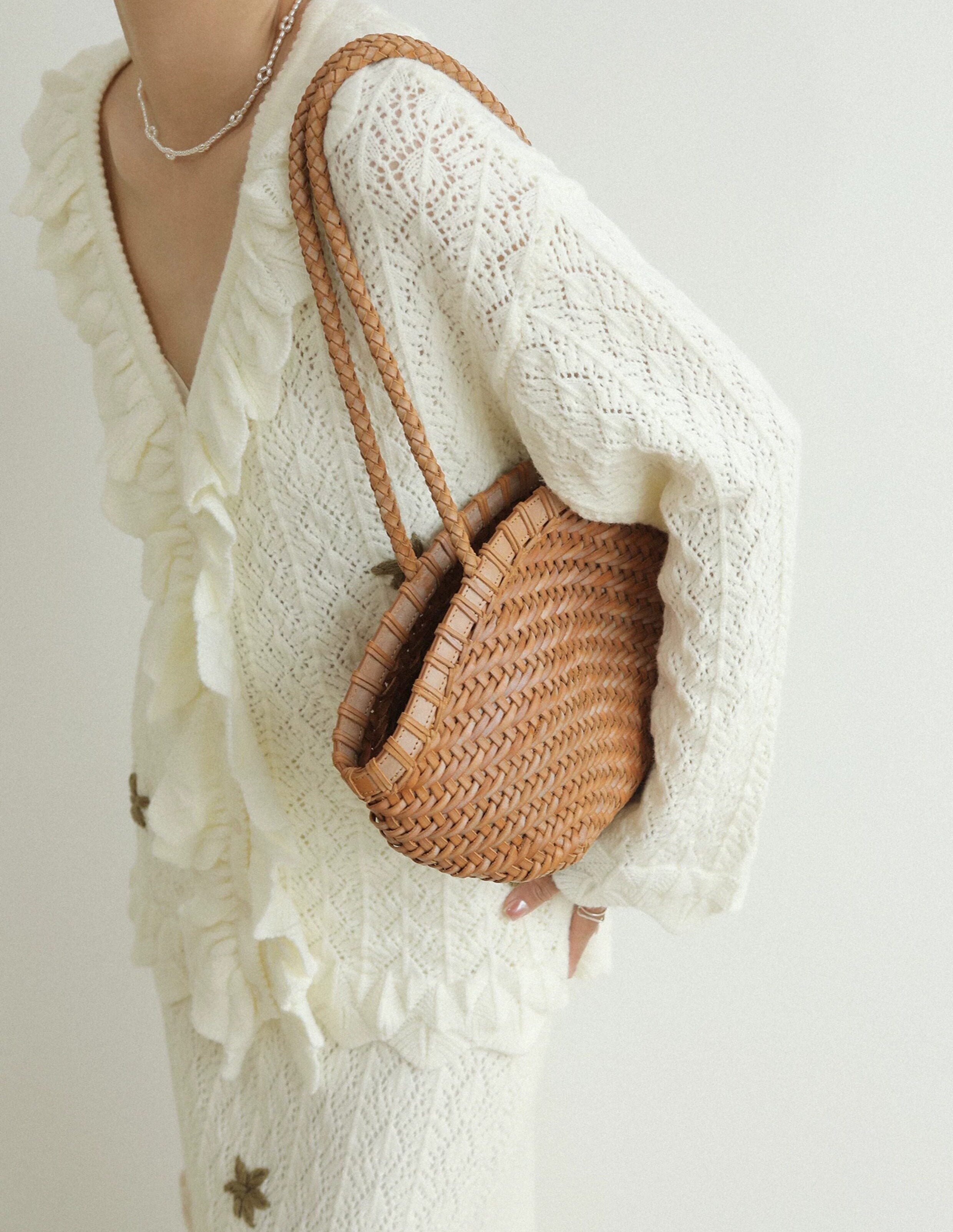 Handwoven Vegetable-Tanned Leather Basket Bag for Women｜Full Grain Cowhide Woven Tote with Braided Handle & Drawstring Liner | Spring Summer Shoulder Bag