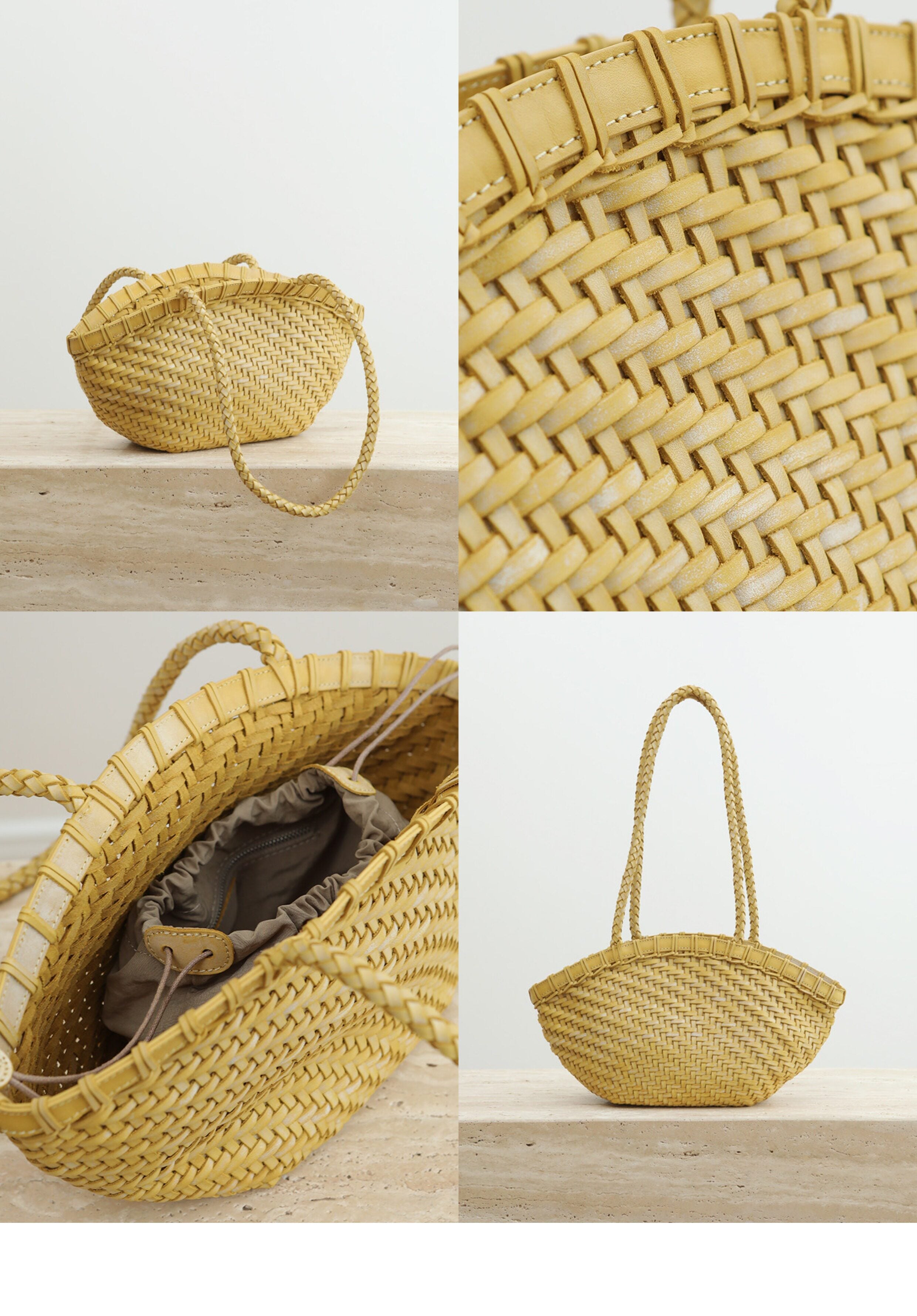 Handwoven Vegetable-Tanned Leather Basket Bag for Women｜Full Grain Cowhide Woven Tote with Braided Handle & Drawstring Liner | Spring Summer Shoulder Bag