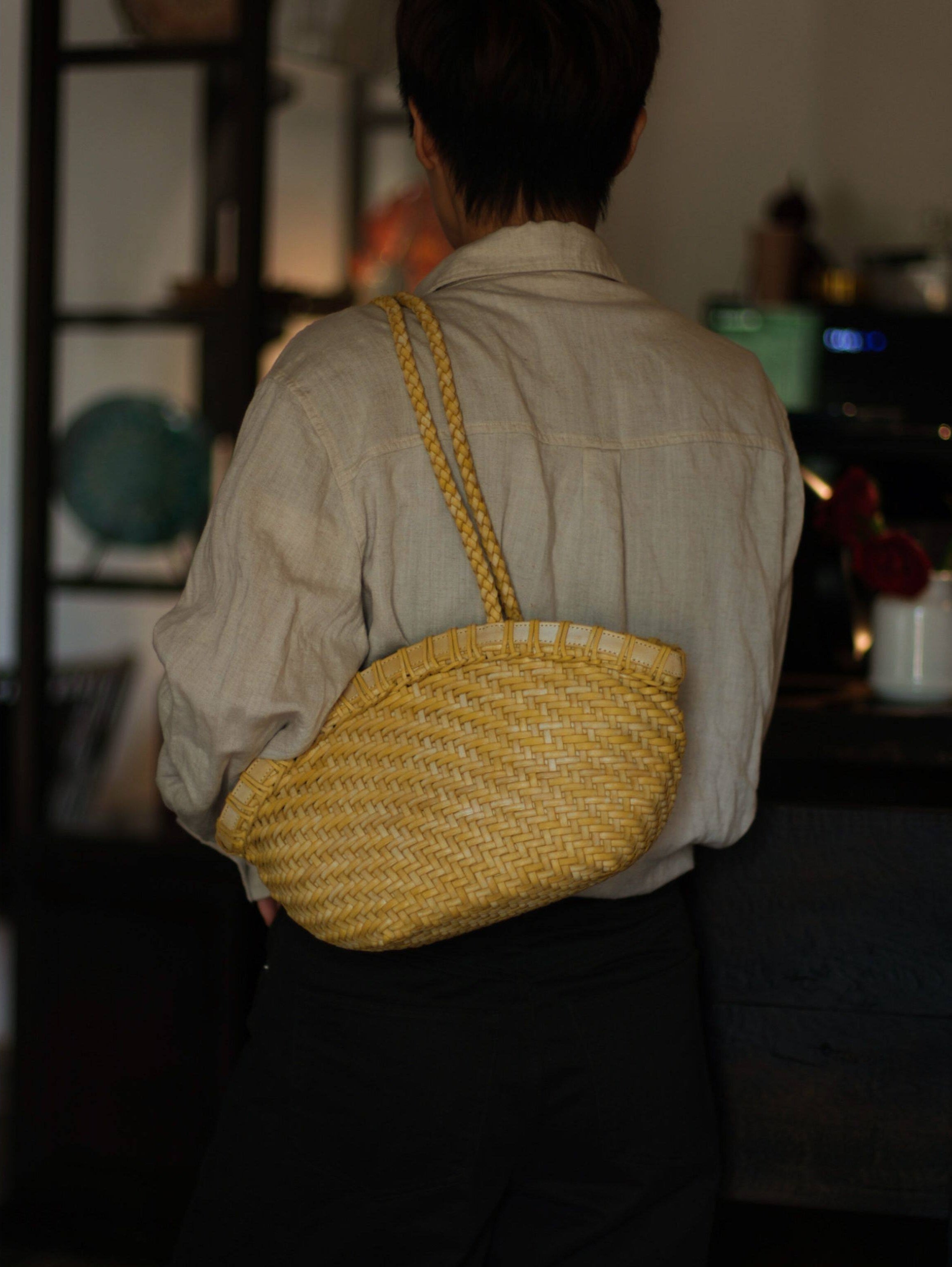 Handwoven Vegetable-Tanned Leather Basket Bag for Women｜Full Grain Cowhide Woven Tote with Braided Handle & Drawstring Liner | Spring Summer Shoulder Bag