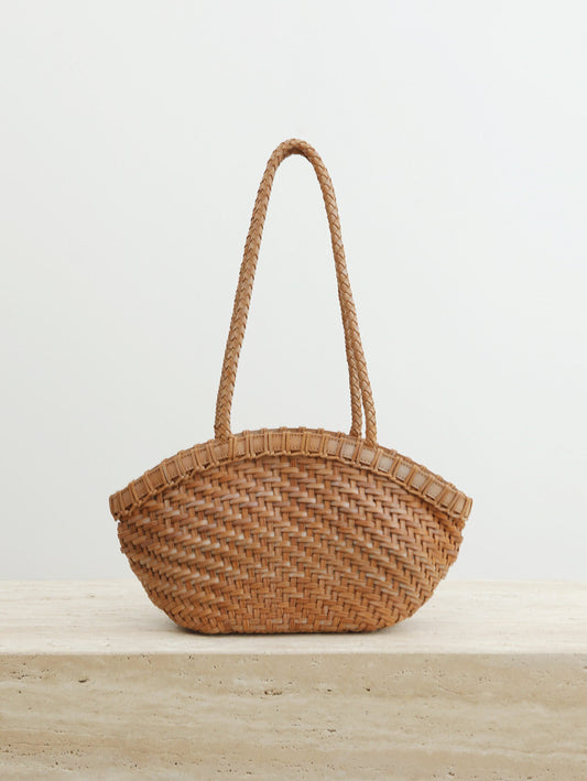 Handwoven Vegetable-Tanned Leather Basket Bag for Women｜Full Grain Cowhide Woven Tote with Braided Handle & Drawstring Liner | Spring Summer Shoulder Bag