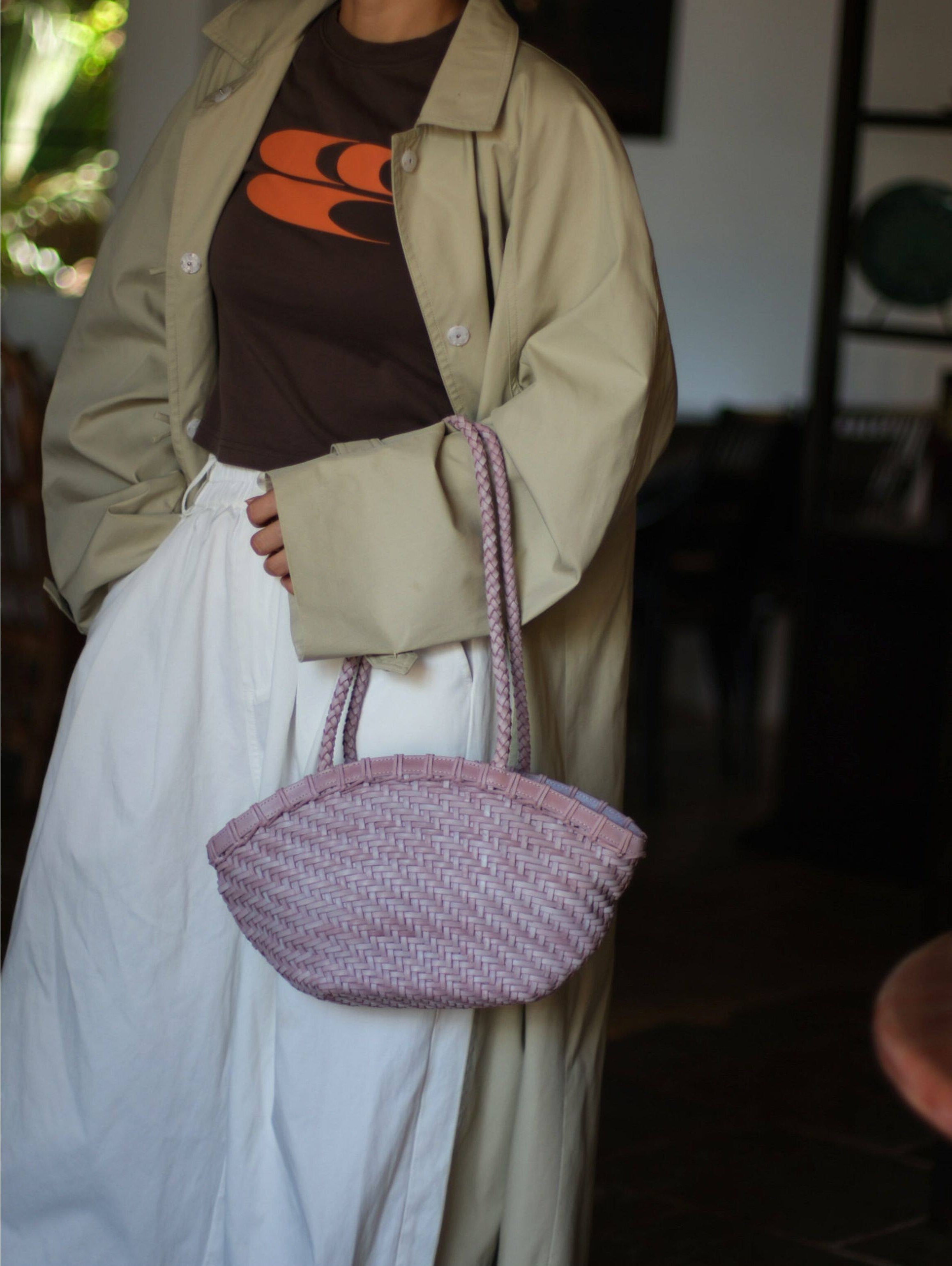 Handwoven Vegetable-Tanned Leather Basket Bag for Women｜Full Grain Cowhide Woven Tote with Braided Handle & Drawstring Liner | Spring Summer Shoulder Bag