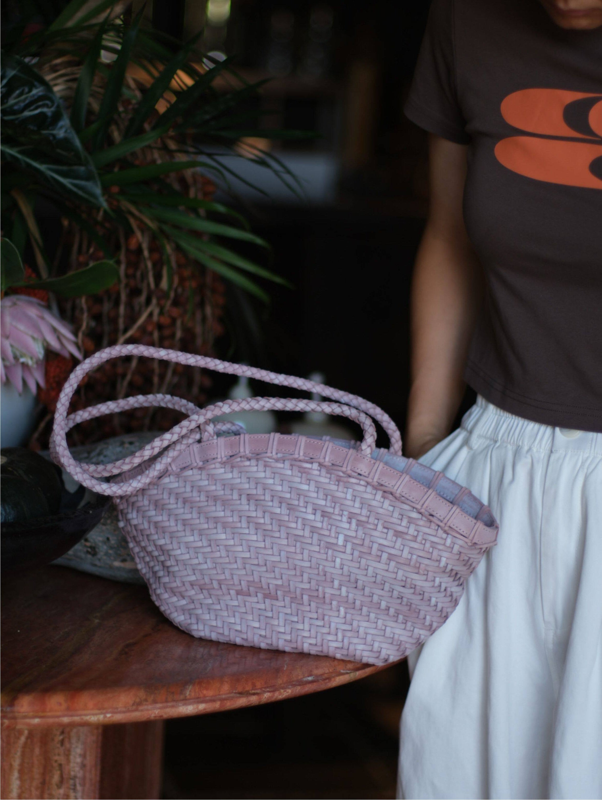 Handwoven Vegetable-Tanned Leather Basket Bag for Women｜Full Grain Cowhide Woven Tote with Braided Handle & Drawstring Liner | Spring Summer Shoulder Bag