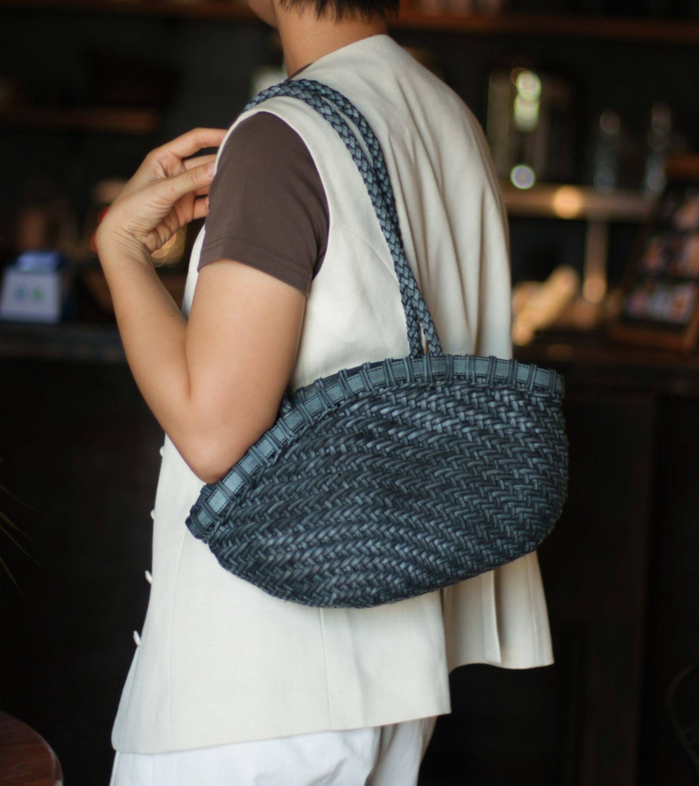 Handwoven Vegetable-Tanned Leather Basket Bag for Women｜Full Grain Cowhide Woven Tote with Braided Handle & Drawstring Liner | Spring Summer Shoulder Bag