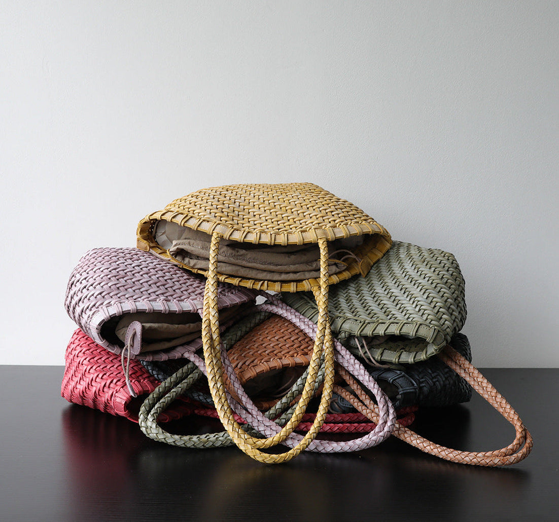 Handwoven Vegetable-Tanned Leather Basket Bag for Women｜Full Grain Cowhide Woven Tote with Braided Handle & Drawstring Liner | Spring Summer Shoulder Bag