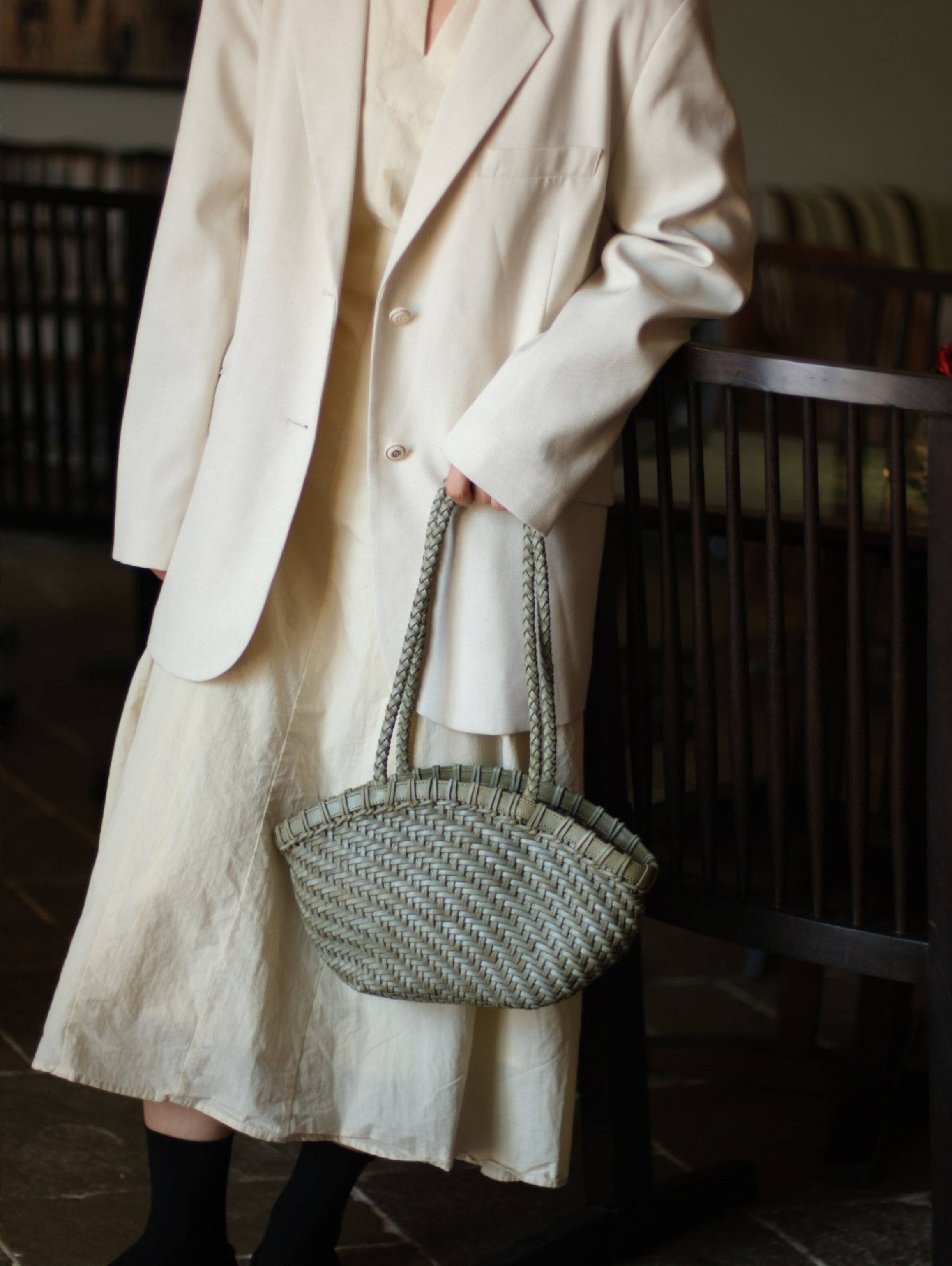 Handwoven Vegetable-Tanned Leather Basket Bag for Women｜Full Grain Cowhide Woven Tote with Braided Handle & Drawstring Liner | Spring Summer Shoulder Bag