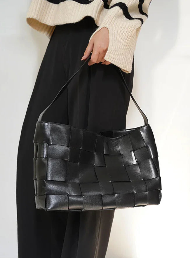 Handwoven Leather Women's Woven Tote Bag, Large Cowhide Leather Woven Women Leather Laptop Bags Black