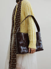 Handwoven Women's Woven Leather Tote Bag, Large Cowhide Leather Woven Laptop Handbag for Work or Casual Use