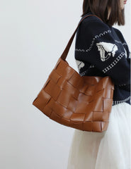 Handwoven Women's Woven Leather Tote Bag, Large Cowhide Leather Woven Laptop Handbag for Work or Casual Use