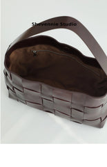 Handwoven Women's Woven Leather Tote Bag, Large Cowhide Leather Woven Laptop Handbag for Work or Casual Use