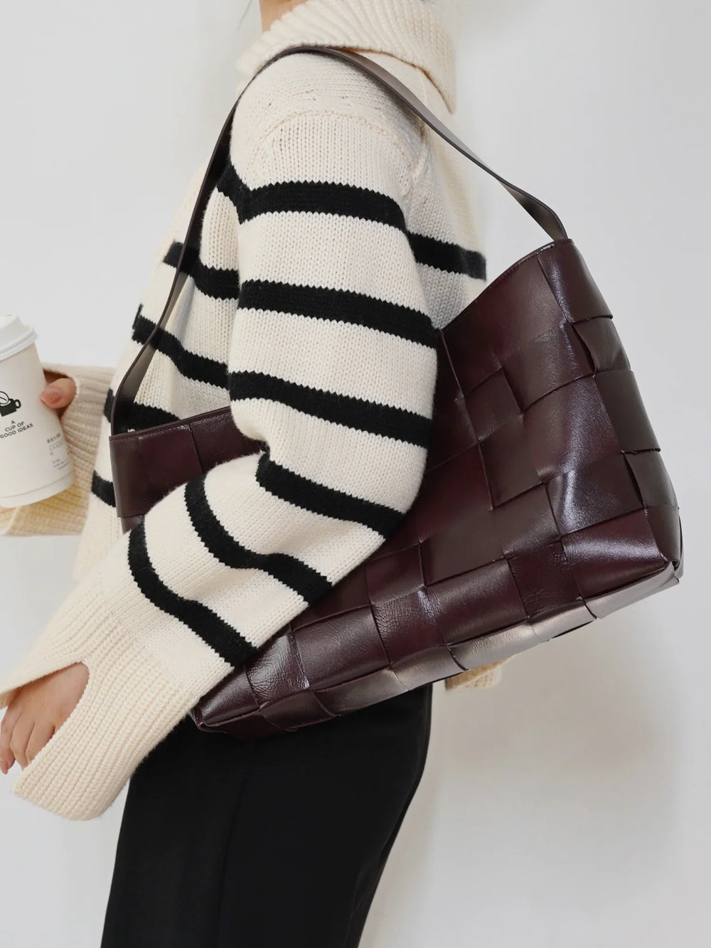 Handwoven Leather Women's Woven Tote Bag, Large Cowhide Leather Woven Women Leather Laptop Bags Wine