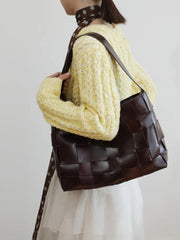 Handwoven Women's Woven Leather Tote Bag, Large Cowhide Leather Woven Laptop Handbag for Work or Casual Use