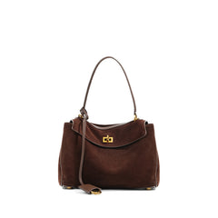 High-End Genuine Leather and Suede Leather Handbag with Lock Clasp, Women's Versatile Shoulder & Crossbody Bag for Commuting