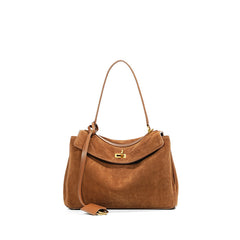 High-End Genuine Leather and Suede Leather Handbag with Lock Clasp, Women's Versatile Shoulder & Crossbody Bag for Commuting