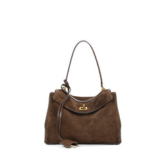 High-End Genuine Leather and Suede Leather Handbag with Lock Clasp, Women's Versatile Shoulder & Crossbody Bag for Commuting