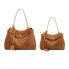 High-End Genuine Leather and Suede Leather Handbag with Lock Clasp, Women's Versatile Shoulder & Crossbody Bag for Commuting