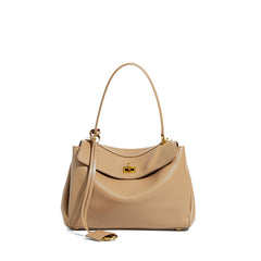 High-End Genuine Leather and Suede Leather Handbag with Lock Clasp, Women's Versatile Shoulder & Crossbody Bag for Commuting