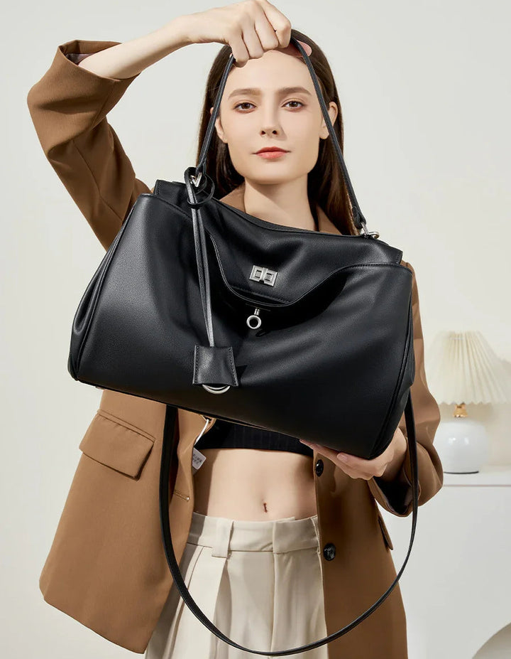 High-End Genuine Leather and Suede Leather Handbag with Lock Clasp, Women's Versatile Shoulder & Crossbody Bag for Commuting