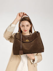 High-End Genuine Leather and Suede Leather Handbag with Lock Clasp, Women's Versatile Shoulder & Crossbody Bag for Commuting